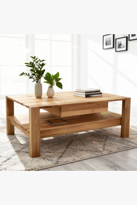 Tömör tölgyfa dohányzóasztal polccal 110x70 cm természetes olajozott